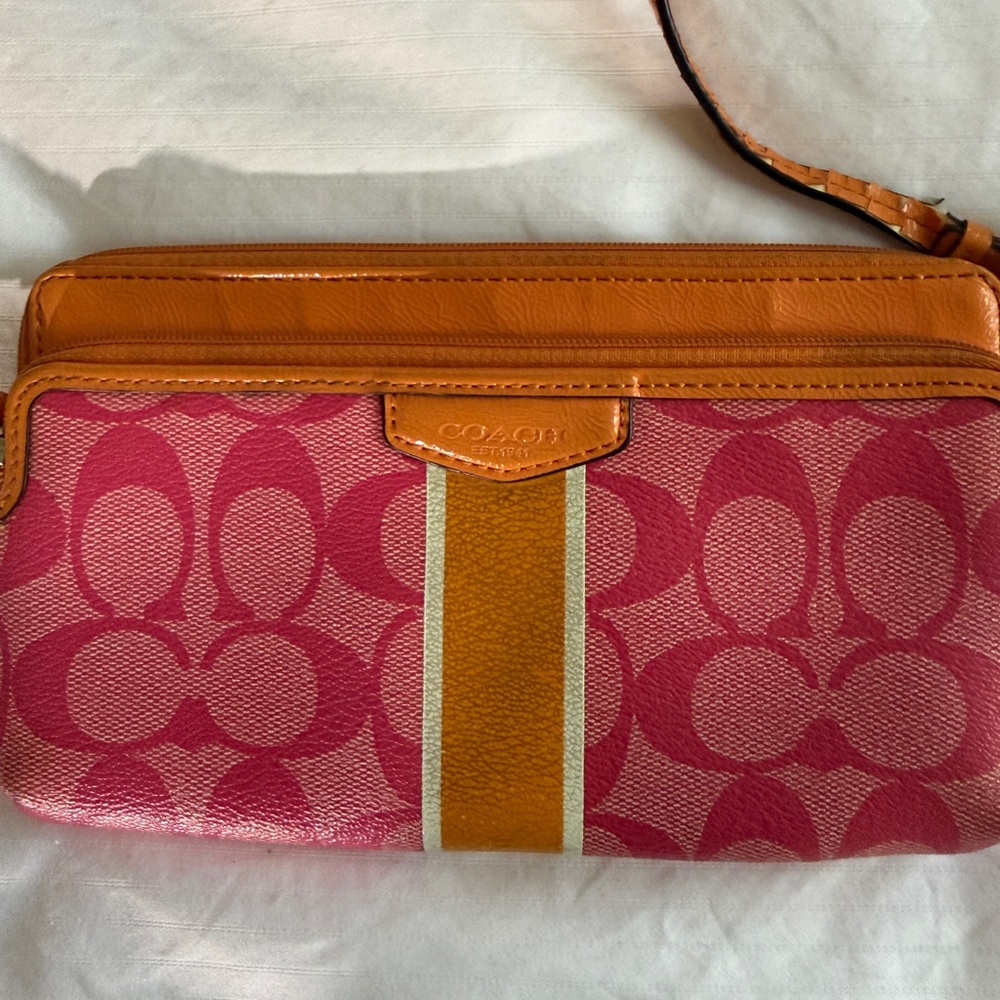 Coach Signature Stripe Double Zip Wristlet | Orange and Pink - Picture 4 of 15